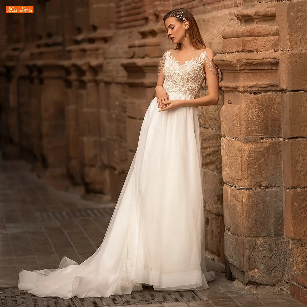 

Boho Lace Appliques Beaded Wedding Dress Vestidos De Noiva Elegant Scoop Neck A Line Bridal Gown Court Train Robe De Mariée