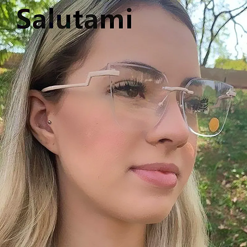 

Fashion Design Cutting Rimless Square Anti-blue Light Eyeglasses For Women Vintage Computer Cat Eye Glasses Frame Female Shades