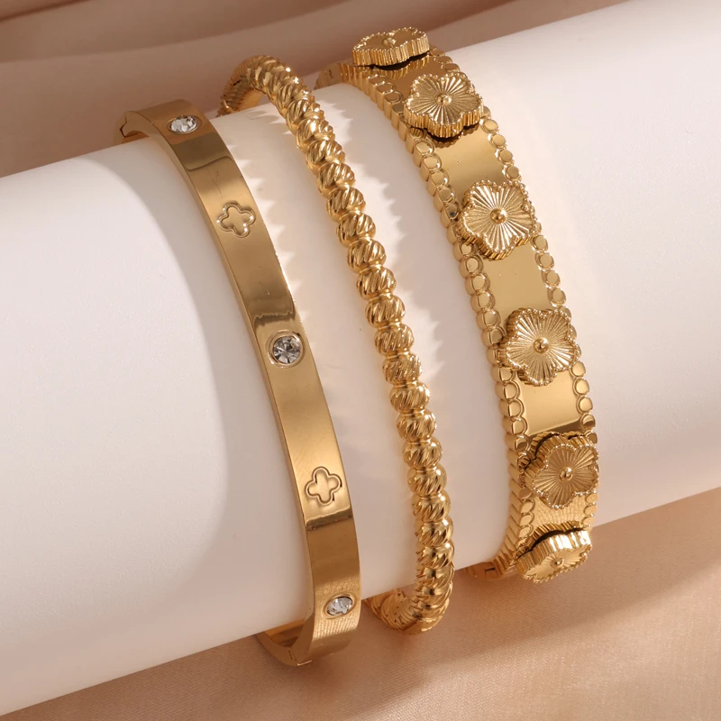 Роскошный браслет из нержавеющей стали с 5-листным цветком для женщин золотого