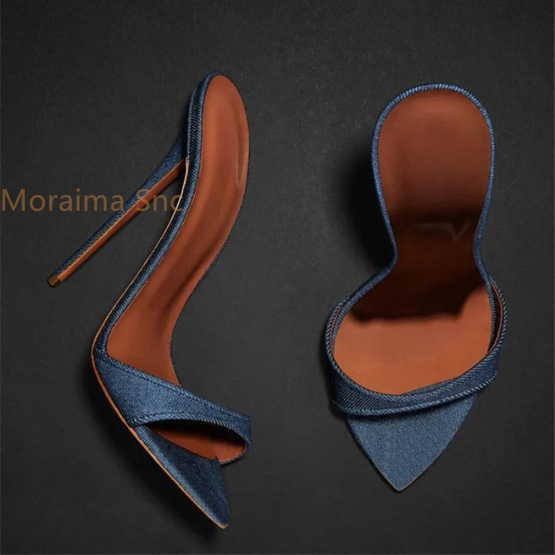 2023 New Ladies Denim Slippers Design Stiletto Women High Heels Sandals Flip Flops Pointed Toe Slides Party Catwalk Shoes