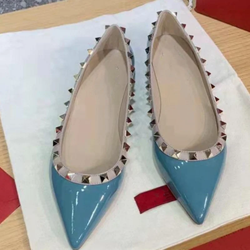 Women British American Styles Fashionable Daily Fashion Show Shoes With Studded Patchwor Patent Leather & Matte Flats Pinted 45