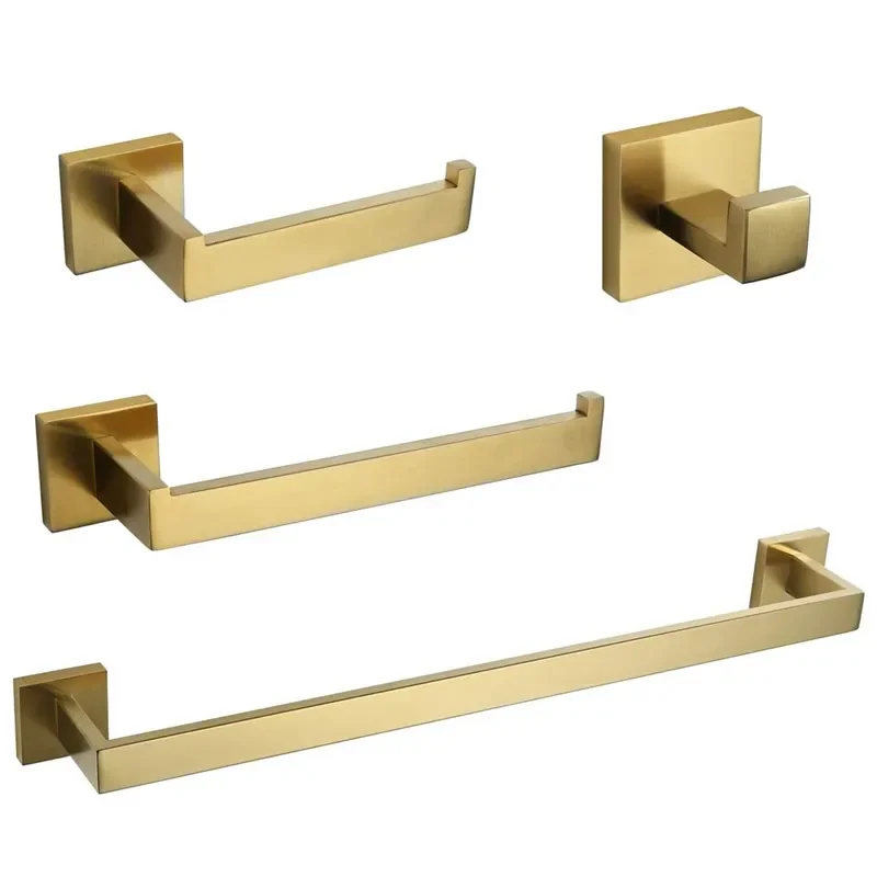 

NEW2023 Gold Brushed 4-Piece Set Bathroom Accessories 304 Stainless Steel Wall Mount Toilet Paper Holder Towel Bar Ring Single R