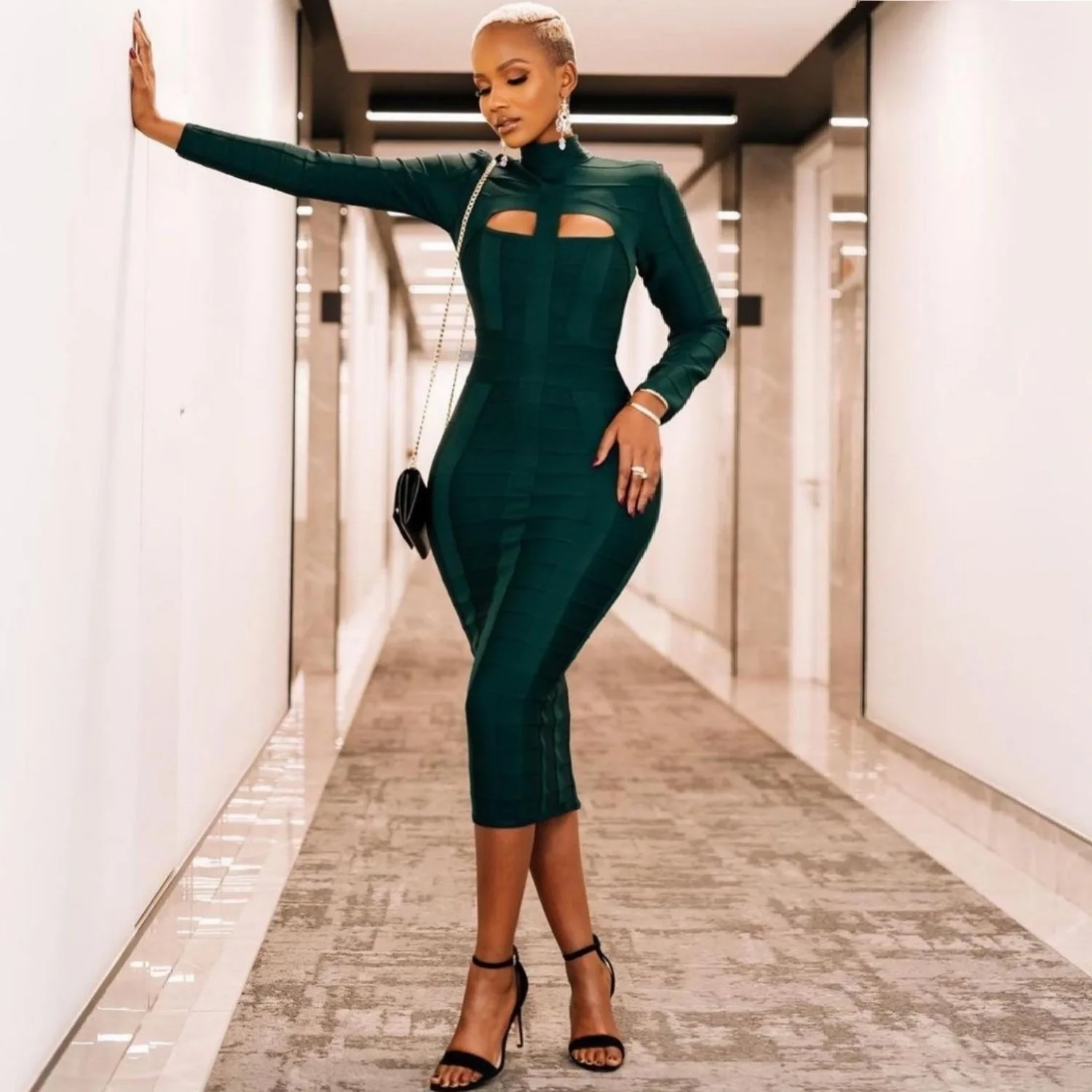 

DarkGreen Color Women Long Sleeve Winter Fashiob Bodycon Bandage Mid-calf Dress Nightclub Party Celebrate Dress