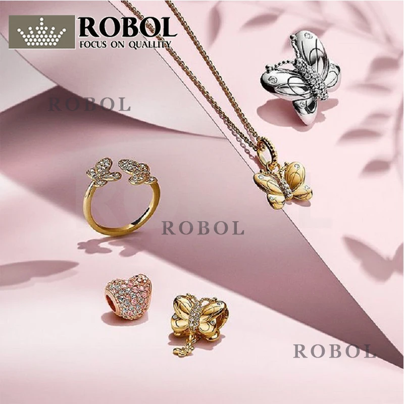 

2021 Popular 100% 925 Sterling Silver Rose Shiny Ladybug Heart-shaped Charm and Butterfly-shaped Ring Free Wholesale Shipping