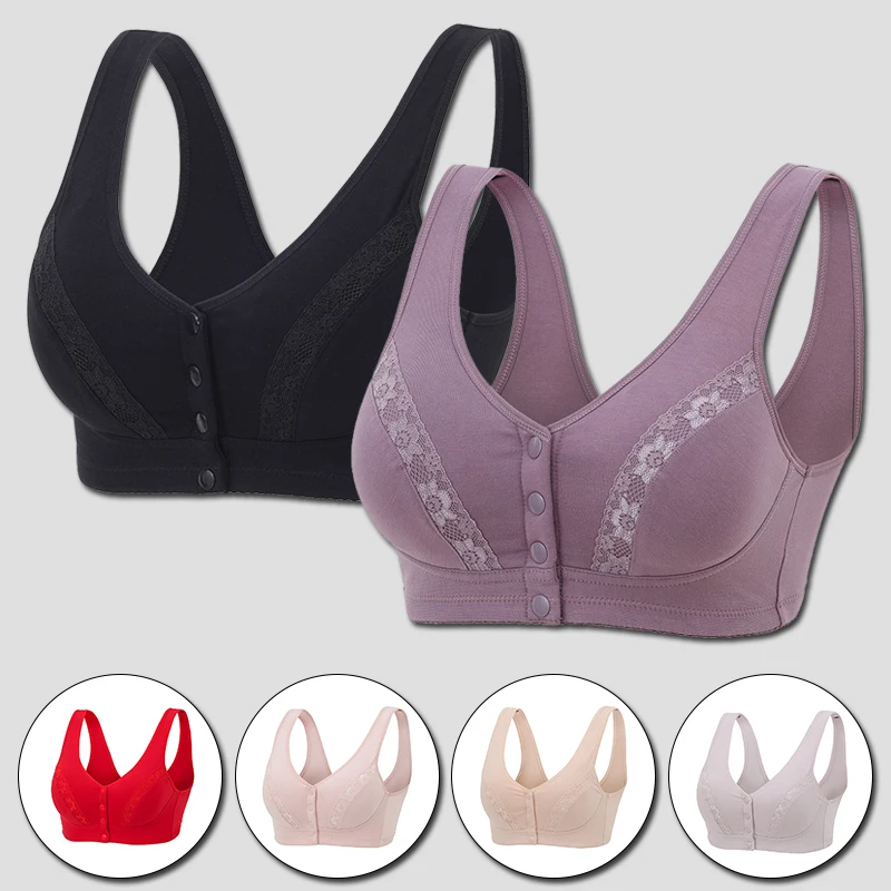 

Front Button Underwear Women's Cotton Vest-type Middle-aged Elderly Bras Large Size Lace Under Bra Full Cup New