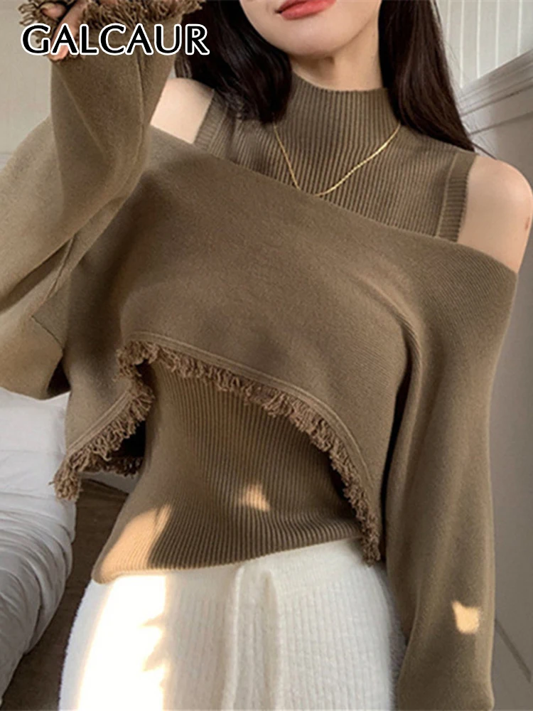 

GALCAUR Minimalist Two Piece Set For Women Turtleneck Sleeveless Folds Vest Long Sleeve Spliced Raw Hem Coat Korean Sets Female