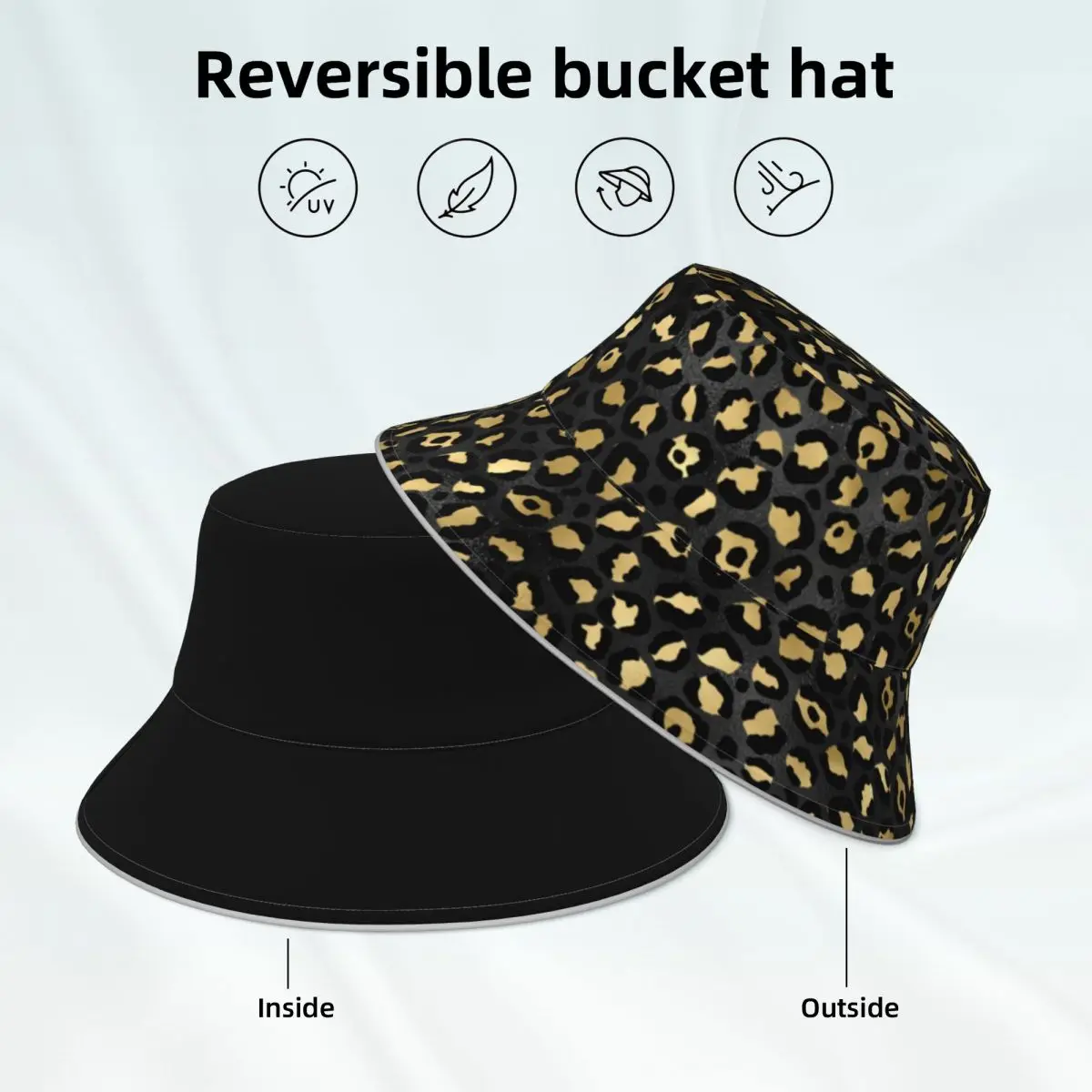 

Gold And Black Leopard Bucket Hat Animal Print Fun Hiking Fisherman Hats Reversible Men Women Reflective Sun Hat