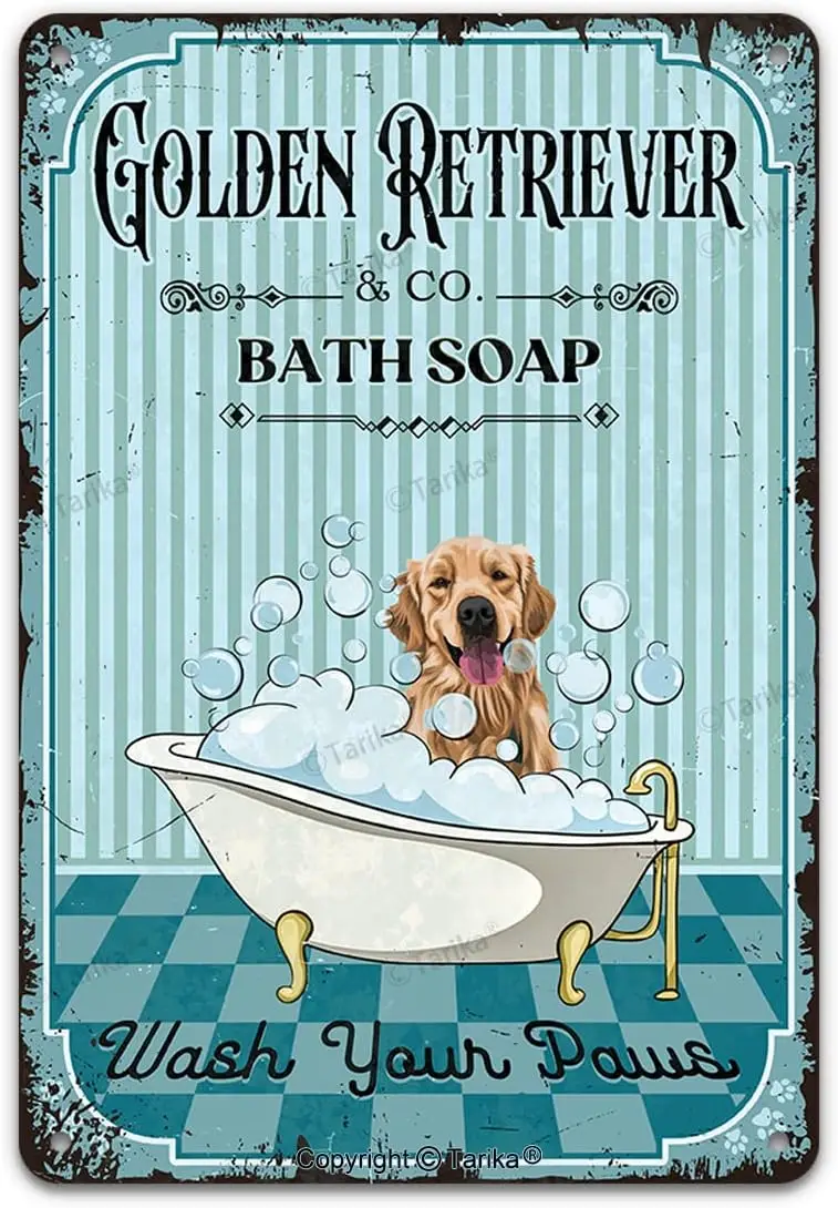 Vntge Metl Tn Sgn Golden Retrever Co. Bth Sop Wsh Your Pws Забавный милый щенок Pet rt Prntng Плакат Bthroom Tolet Lvng Room