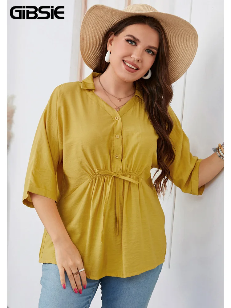 

GIBSIE Plus Size Notched Neck Half Button Blouse Shirt Women Summer Fashion Half Sleeve Knot Front Casual Womens Tops Blouses