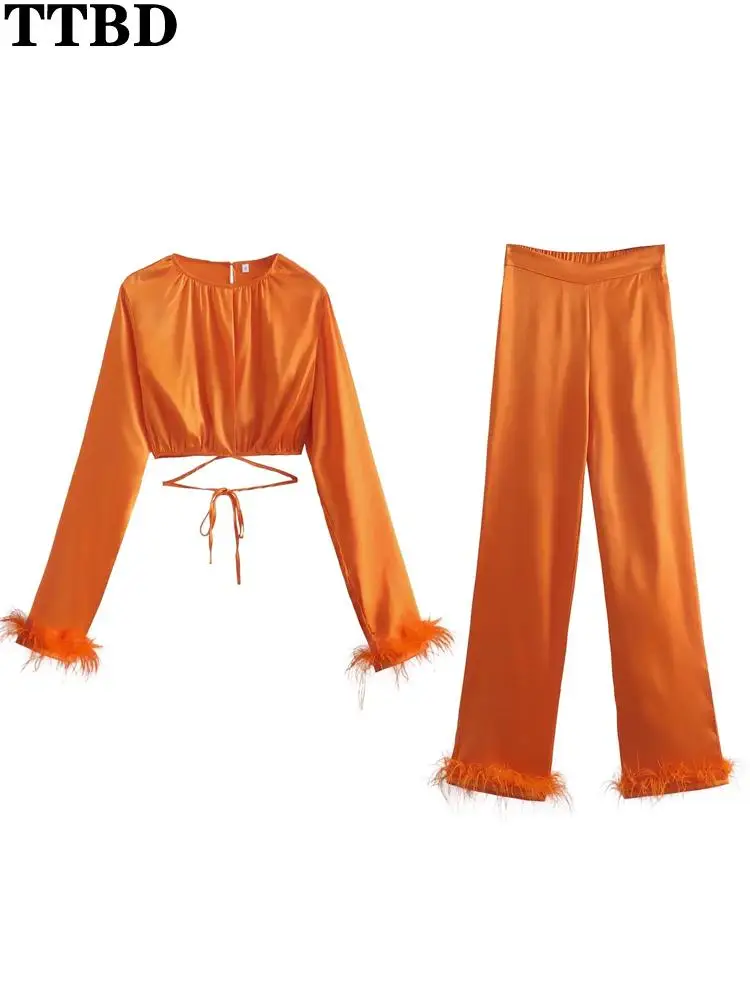 

TTBD Women traf fashion feathers soft bow tied cropped blouses or feathers high waist side zipper soft touch straight pants