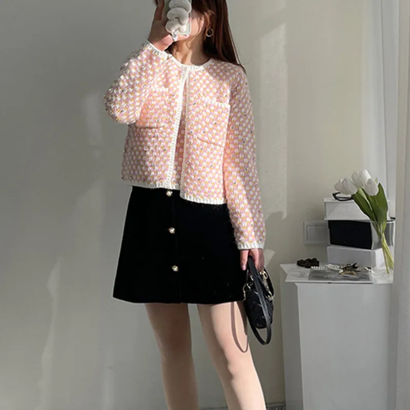 

Color Stitching Diamond Women Knit Sweater Cardigan 2022 Spring O-Neck Long Sleeve Single-Breasted Knitted Coat with Pockets