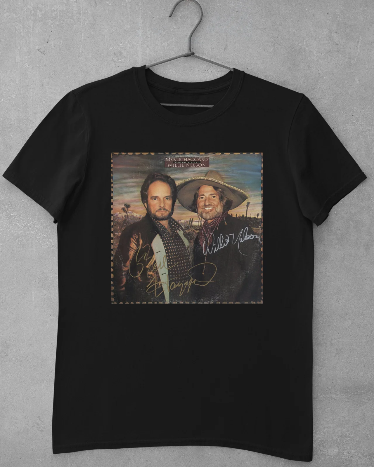 

Merle Haggard & Willie Nelson Signature Black Unisex T-Shirt Tee Shirts