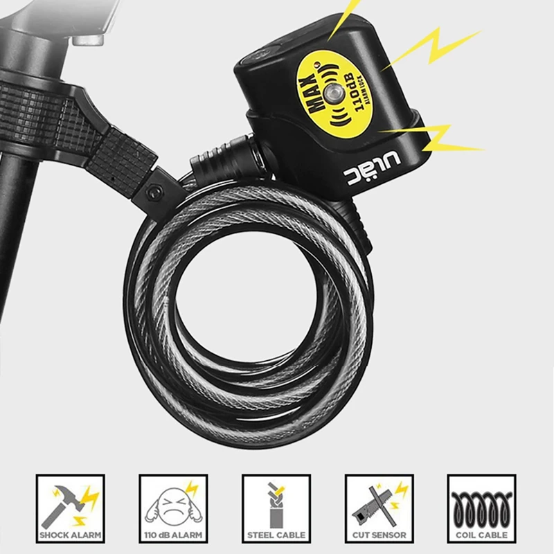 ULAC Bike Lock Bicycle Electronic Alarm Cycling 110Db Loud Cable Anti-Theft Locks Road Safe Wire