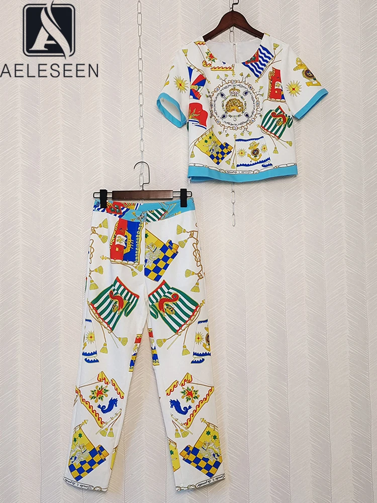 AELESEEN Designer Fashion Women Pants Set 2022 Summer Sequined Beading Flower Printed Top + Full-Length Pants Elegant Suit