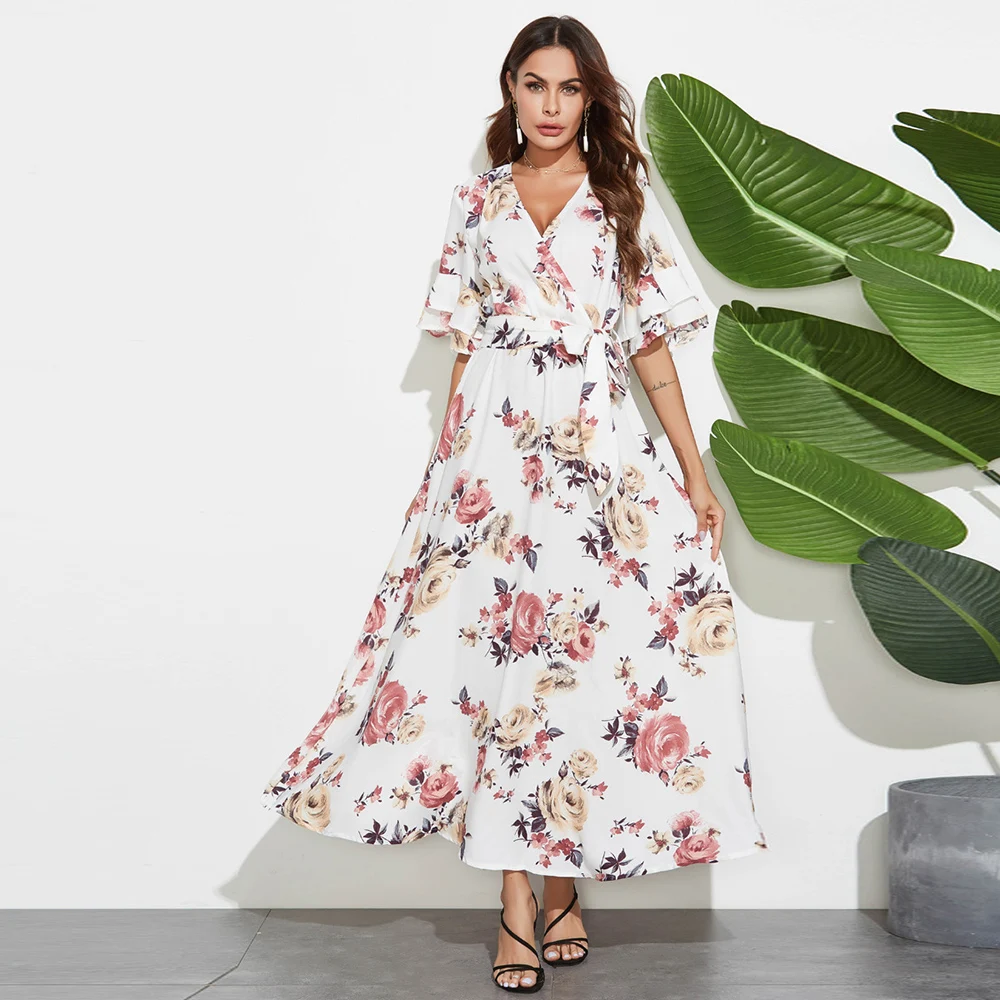

Elegant Chiffon Muslim Dress Abaya Women V Neck Floral Islamic Clohing Big Swing A-line Maxi Party Vestidos Moroccan Caftan 2022
