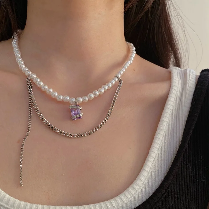 

Корейский чокер с искусственным жемчугом и фиолетовым кристаллом, ожерелье для женщин и девушек, винтажная цепочка с кисточками, ожерелье д...