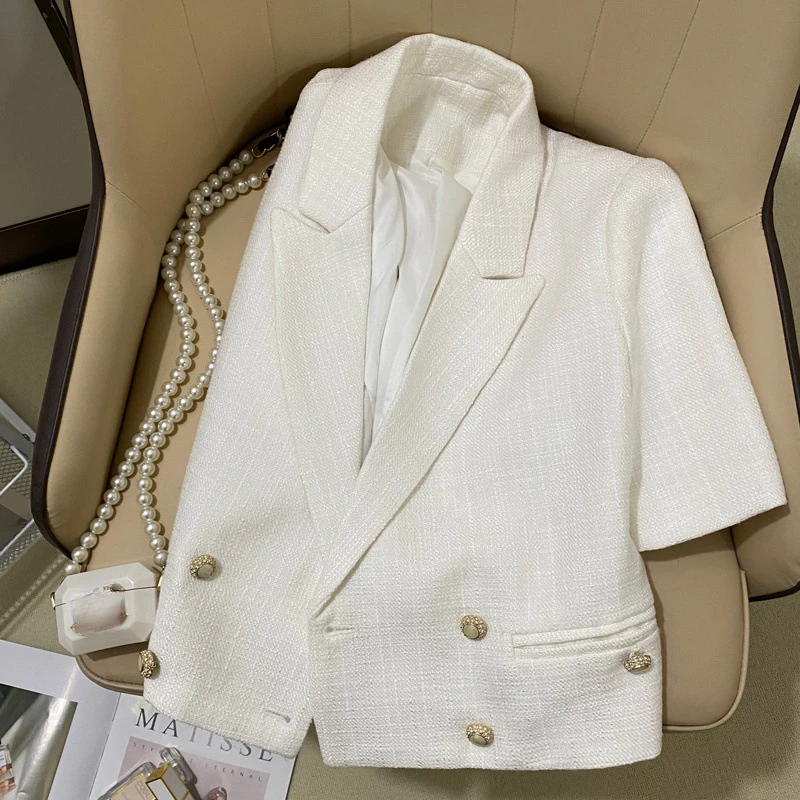 

Summer White Short Casual Coat Women French Thin Small Fragrance Short Sleeve Korean Loose Office Female Basic Suit Jacket 1316