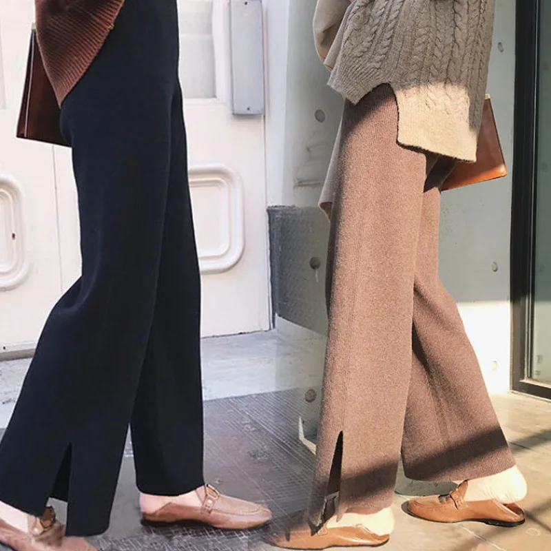 

Fashion Falling Feeling Wide Leg Pants Loose and Thin Split Cropped Pants High Waist Hanging Feeling Knitted Pants Fashion