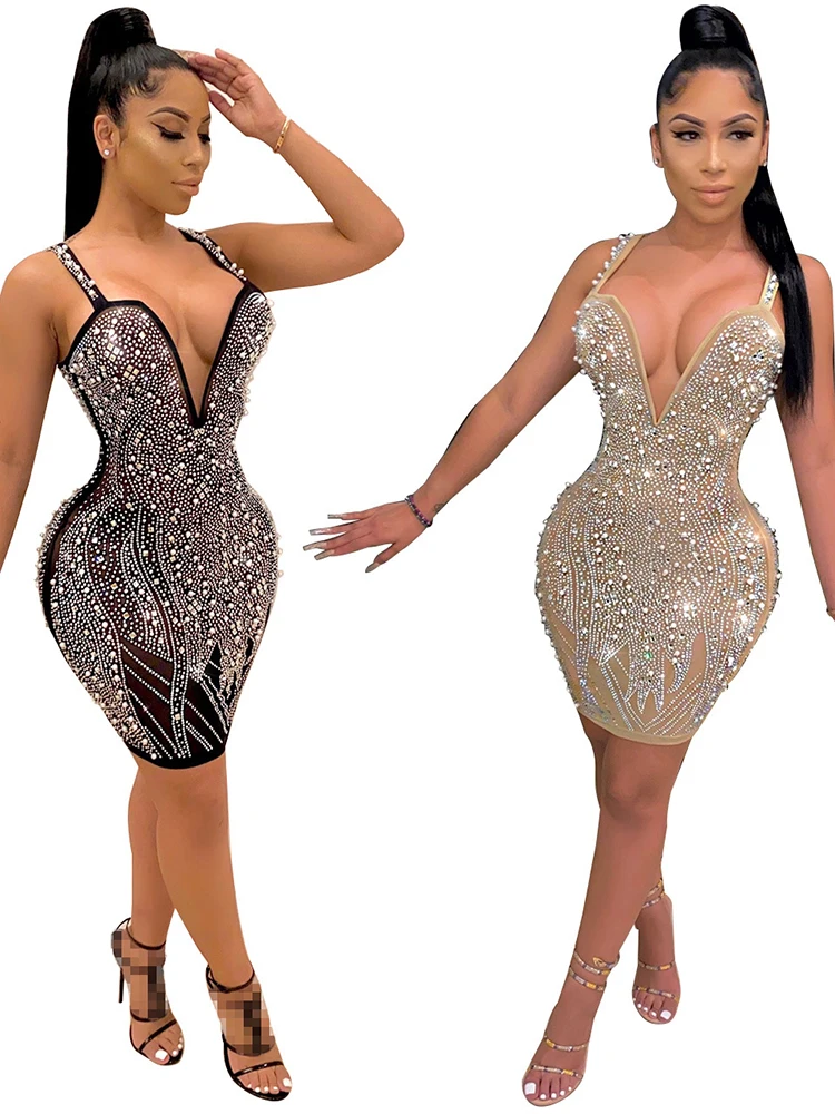 

Shiny Rhinestone Pearl Spaghetti Strap Mini Dress Summer Womens Sexy See Through Mesh Deep V-Neck Sleeveless Party Bodycon Dress