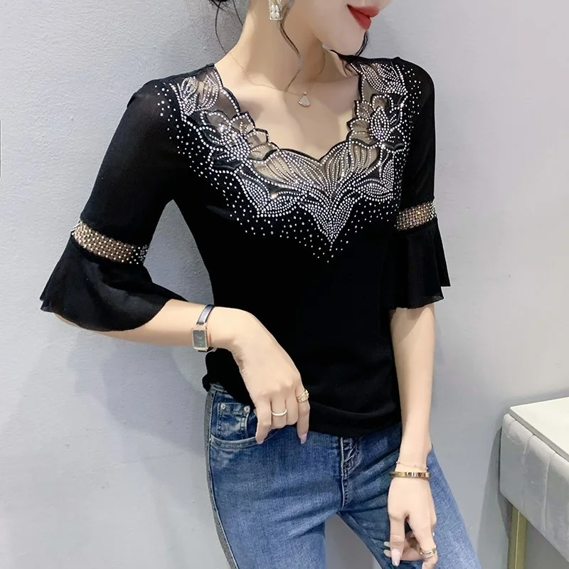 

Black Blue Elastic Mesh T Shirt Women O-neck Diamonds Hollow Out Sexy Butterfly Sleeve Short Tee Shirt Femme Korean Style
