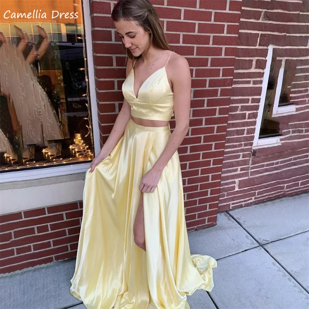 

Sexy A Line V Neck Long Evening Dresses Prom Dress High split 2 Pieces Formal Graduation Party Gowns Robe De Soirée فستان سهرة