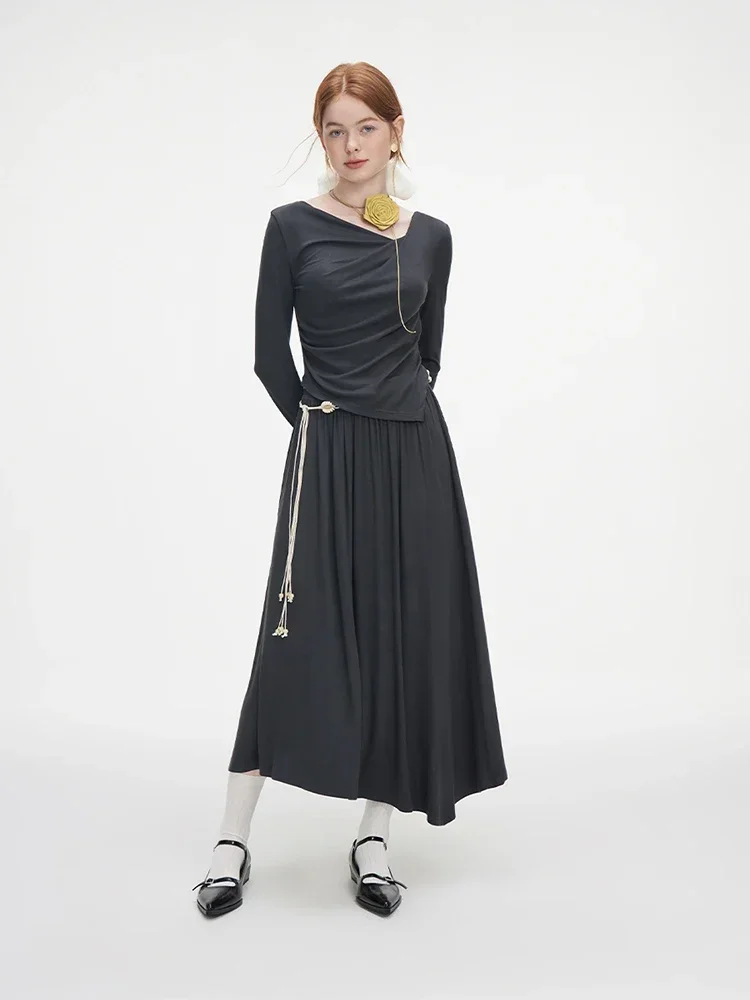 Женский Асимметричный Комплект Trikotaj Темно-серый Тонкий Пуловер Топ С Длинными