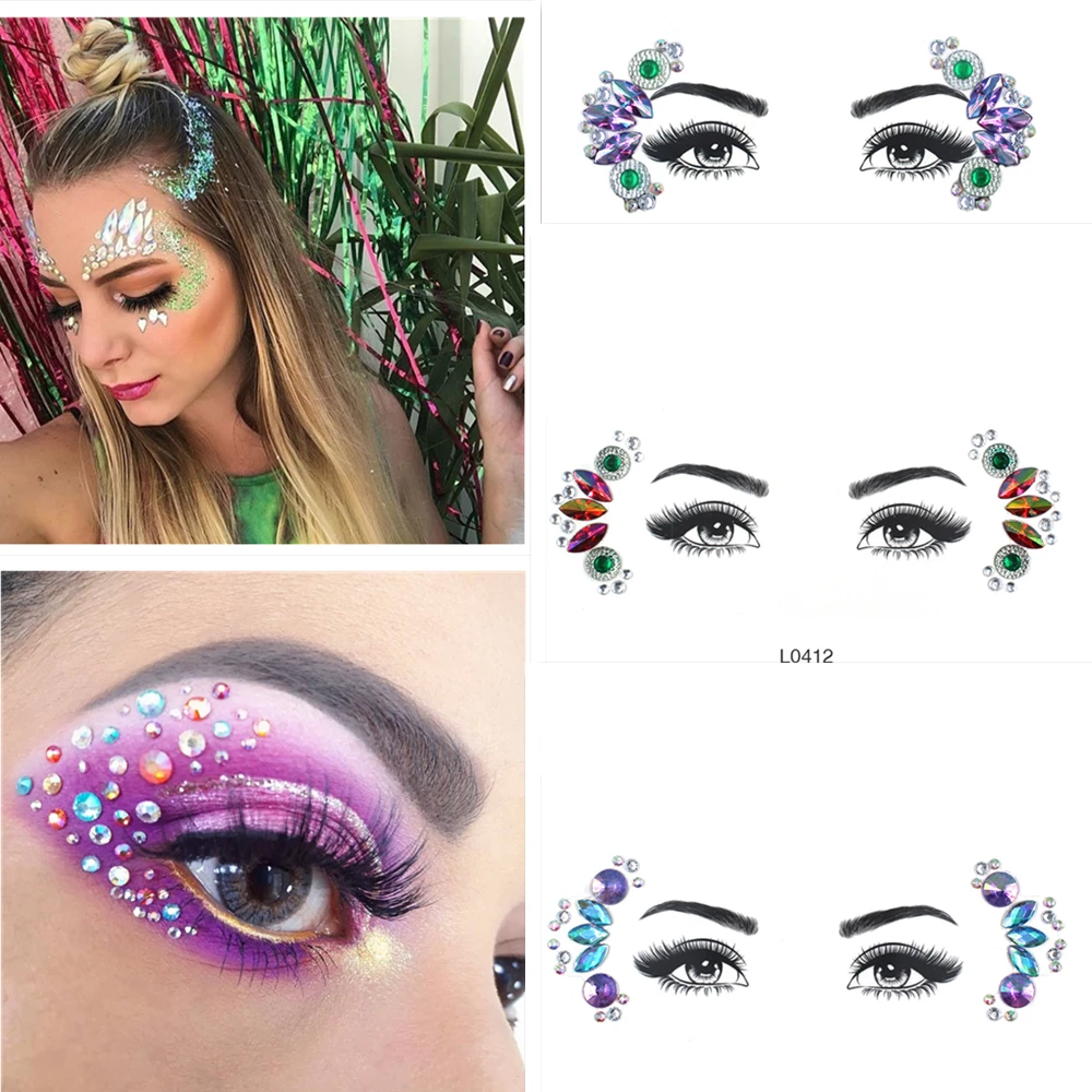 

3D Sexy Face Tattoo Stickers Temporary Tattoos Crystal Glitter Fake Tattoos Rhinestones for Woman Party Stage Face Jewels Tattoo