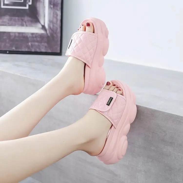 

2022 New Fashion High Slippers Women's Open Toe Flat Heel Sandals Summer Soft Slippers Solid Color Sewing Ladies Slippers