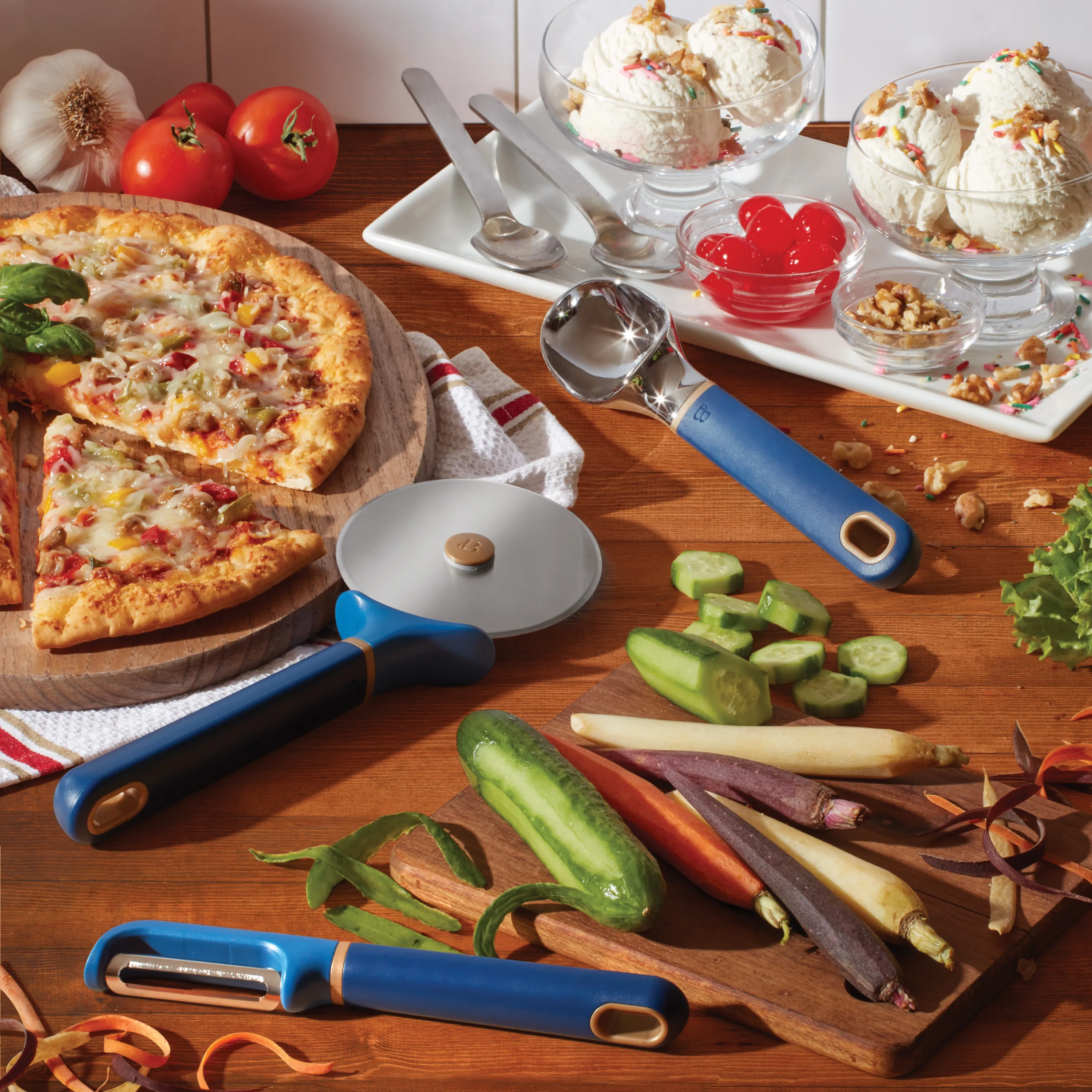 

Ice Cream Scoop, Pizza Cutter, and Peeler in Blueberry Pie by Drew Barrymore