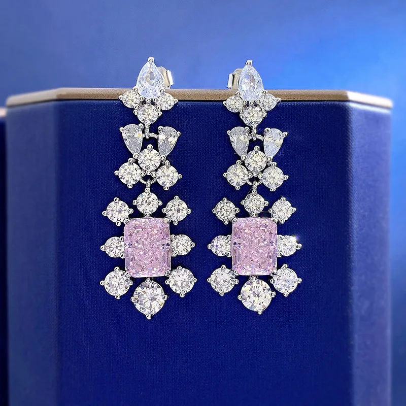 

2023 новый 925 Серебряный прямоугольный 7*9 розовый бриллиант Ice Cut Высокоуглеродистый бриллиант модный простой стиль