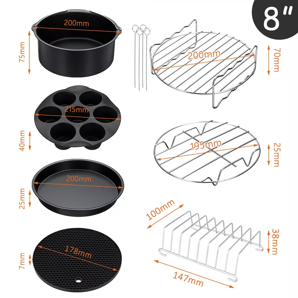 

8 Inch Air Fryer Accessories Set High Quality Baking Basket Pizza Plate Grill Pot Kitchen Cooking Tool Electric Deep Fryer Parts