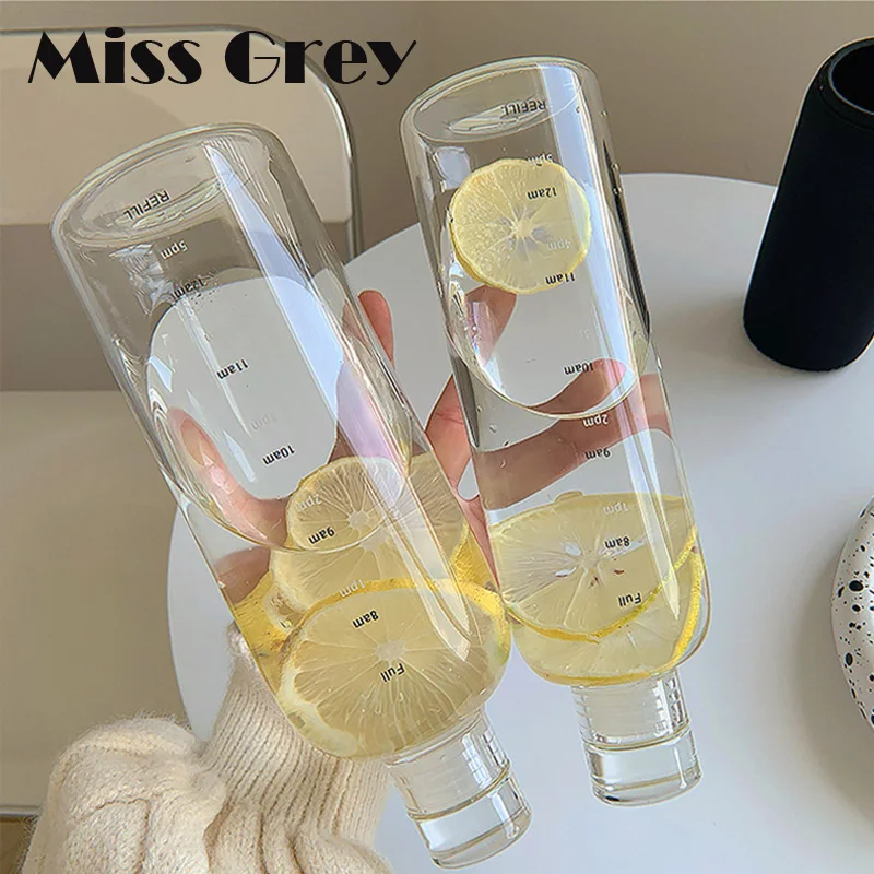 

500/750ml Glass Bottle With Time Marker Water Drink Transparent Milk Juice Simple Cup Summer INS Lemonade Flower Tea Kettle Gift