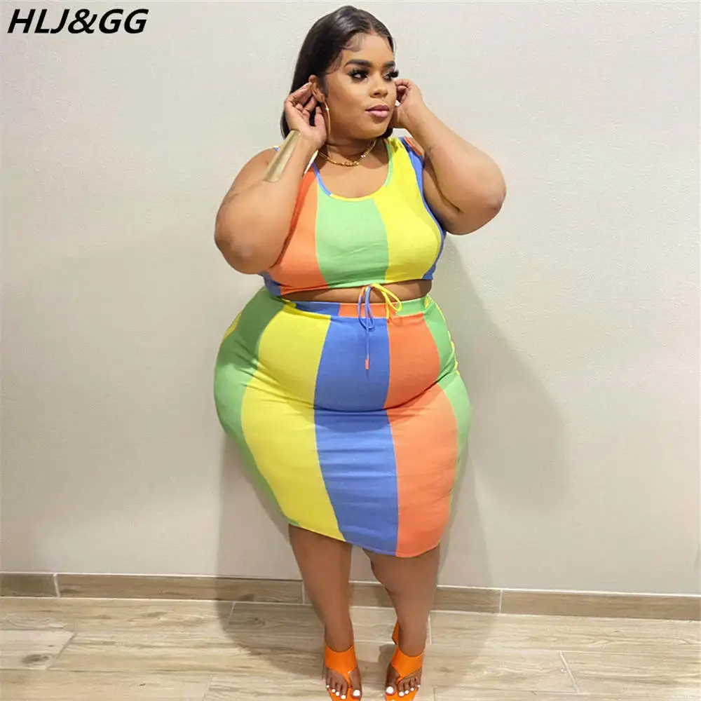 HLJ&GG Fashion Color Patchwork Skirt Two Piece Sets Women Sleeveless Roun Neck Vest And Skinny Skirt Outfits Plus Size Clothing
