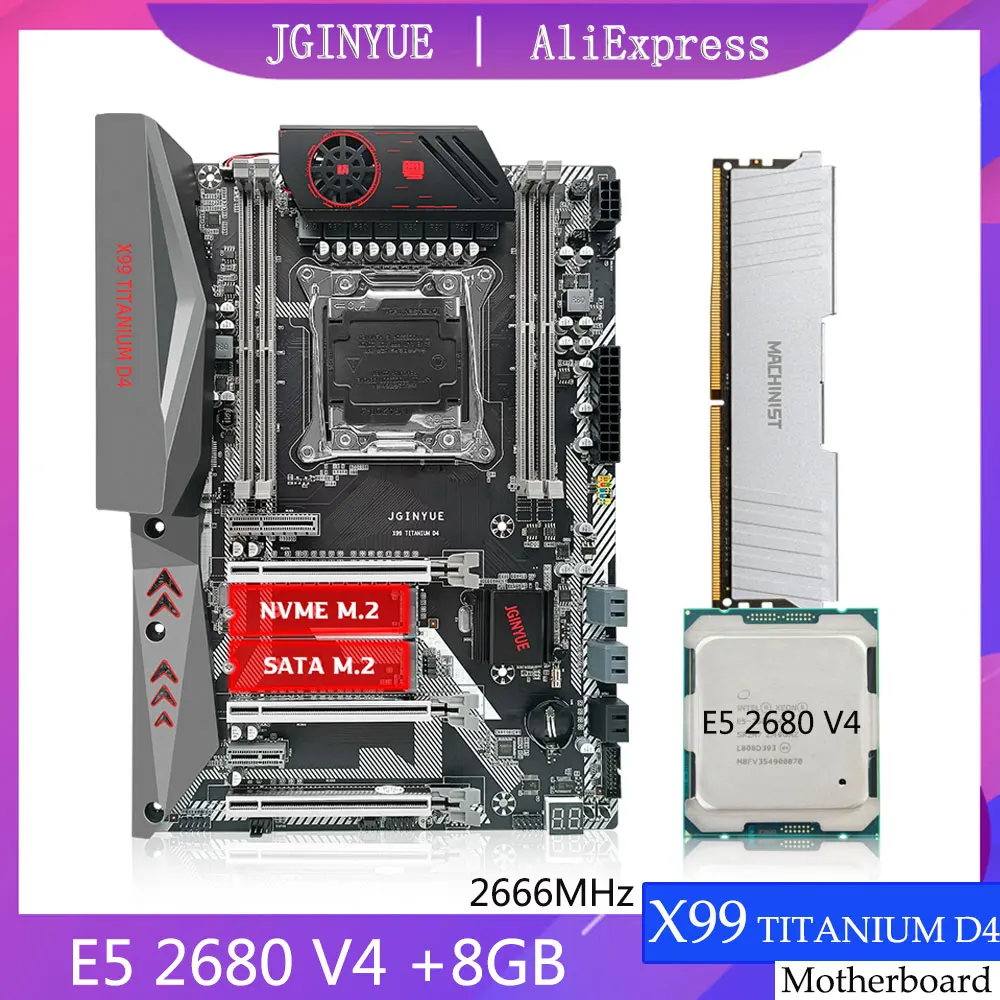 

JGINYUE X99 D4 материнская плата Xeon Kit с процессором E5 2680 V4 8G DDR4 2666 МГц оперативная память лак 2011-3 четырехканальная поддержка NVME SATA M.2