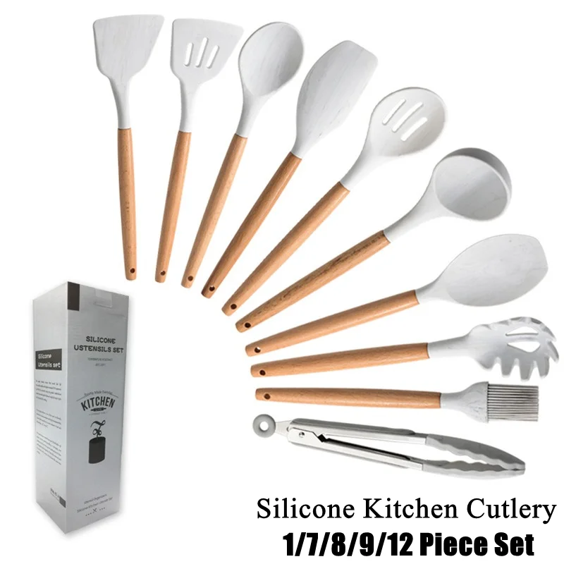 

7~12PCS White Premium Silicone Utensils Set Non-Stick Spatula Shovel Wooden Handle Cookware Set With Storage Box Kitchen Tools
