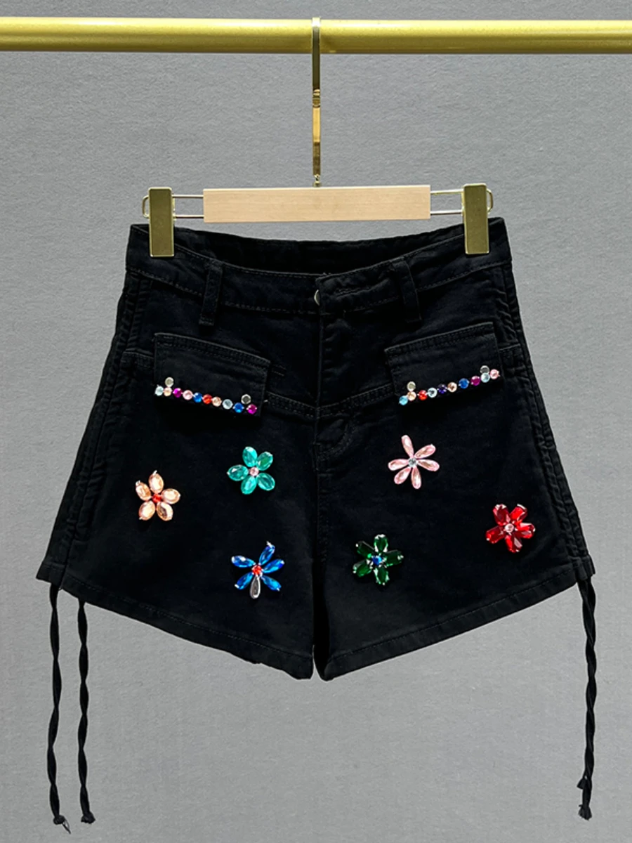 Exquisite Rhinestone Denim Shorts Women's Trendy 2023 New Summer Stretch High Waist Slim Slimming Blue Jeans Shorts Hot Pants