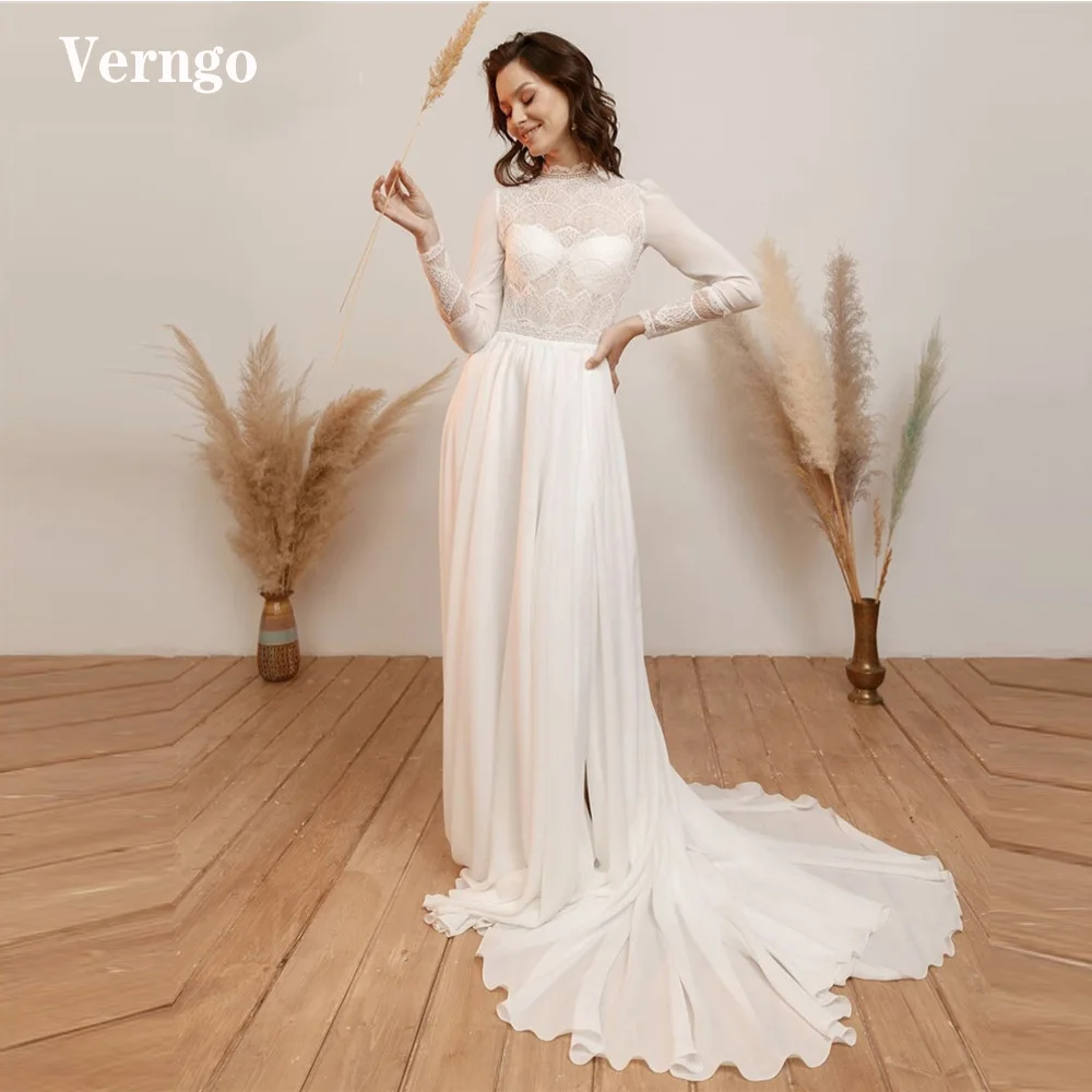 

Verngo Vintage A Line Wedding Dresses High Neck Long Sleeves Lace And Chiffon Side Slit Sweep Train Bridal Gowns Robe de mariage