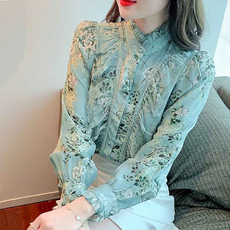 

Spring Floral Printed Blouse Women 2022 Fashion Long Sleeve Ruffle Top Stitching Shirts Stand Collar Vintage Flower Blouse 18757