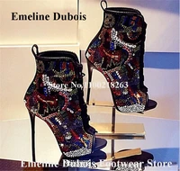mixed colors rhinestones short boots emeline dubois peep toe lace up patchwork crystals ankle booties bling bling dress shoes