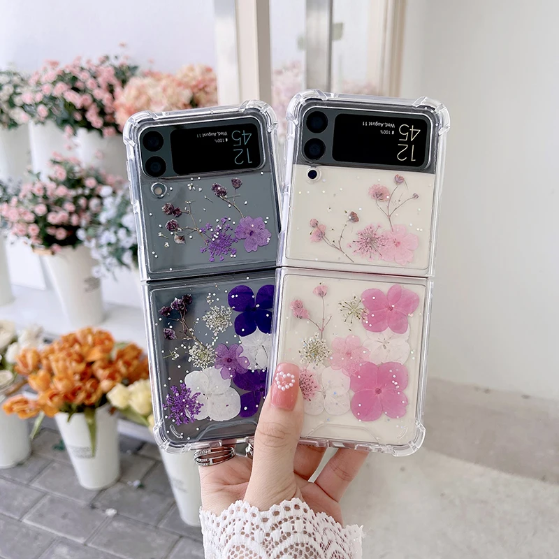 

For Samsung Z Flip 3 4 Case Real Dried Flower Sequins Glitter Folding Phone Case For Galaxy ZFlip 1 Fold 4 Soft Shockproof Cover