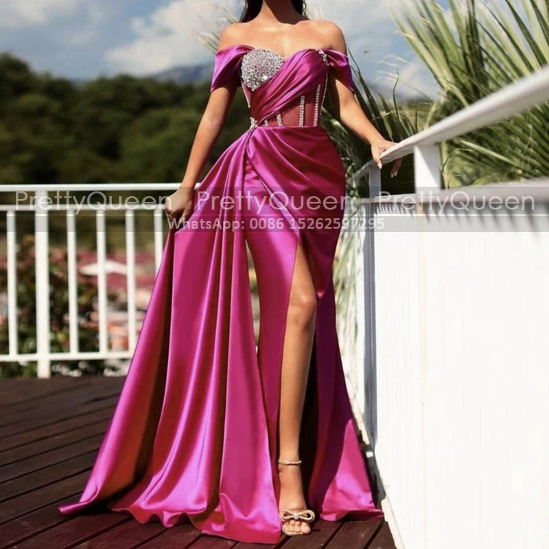 

Bling Beads Off Shoulder Prom Dresses With Streamer Mermaid Side Split Long Fuchsia Satin Trumpet Evening Dress Party
