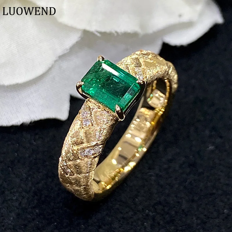 

LUOWEND 18K Yellow Gold Rings Real Natural Emerald Luxury Gemstone Fashion Weave Design Wedding Rings for Women Diamond Jewelry