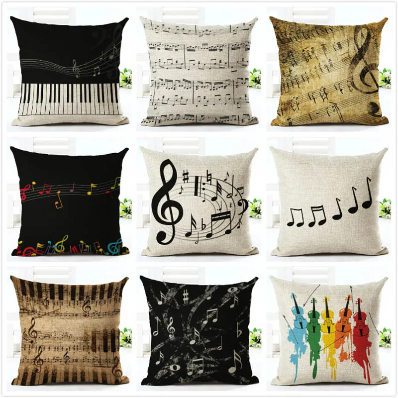 

YWZN Retro Musical Note Pillow Case Cotton Linen Note Throw Pillow Case Musical Instruments Decorative Pillowcases hoofdkussen