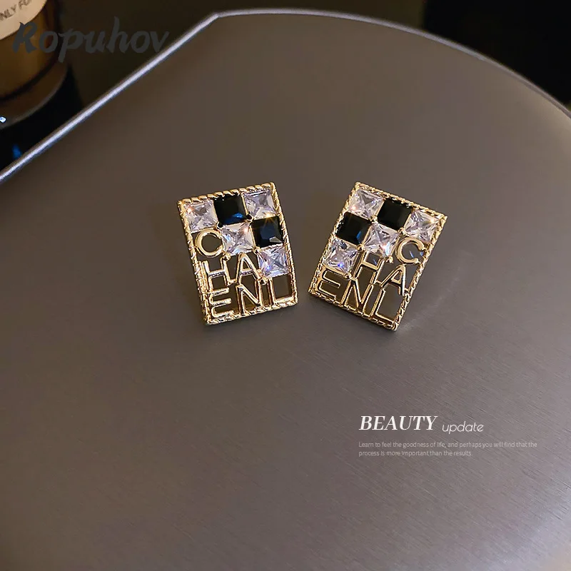 

Ropuhov 2022 New Woman Silver Needle Diamond Set Zircon Letter Fashion Square Design Temperament Earrings