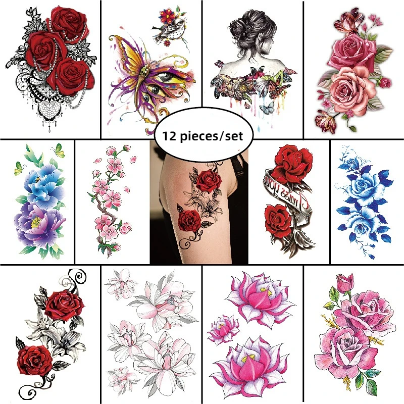 

12 Pieces/Set Flowers Waterproof Half Arm and Water Transfer Fake Temporary Tattoo Stickers for Men and Women