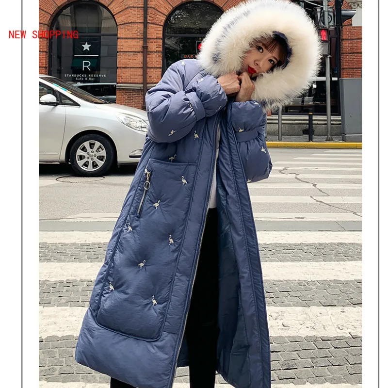 Chic Fur Coat Hooded Winter Down Coat Warm Jacket Long Women Thicken Cotton Padded Parkas Embroidered Female Jacket Plus Size