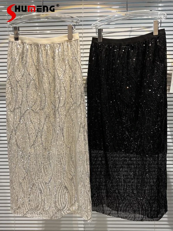 

Streetwear Sequined Shiny Mid-length Skirt Women Elastic Waist Disco Nightclub Black Long Skirt Female 2022 Summer New Faldas