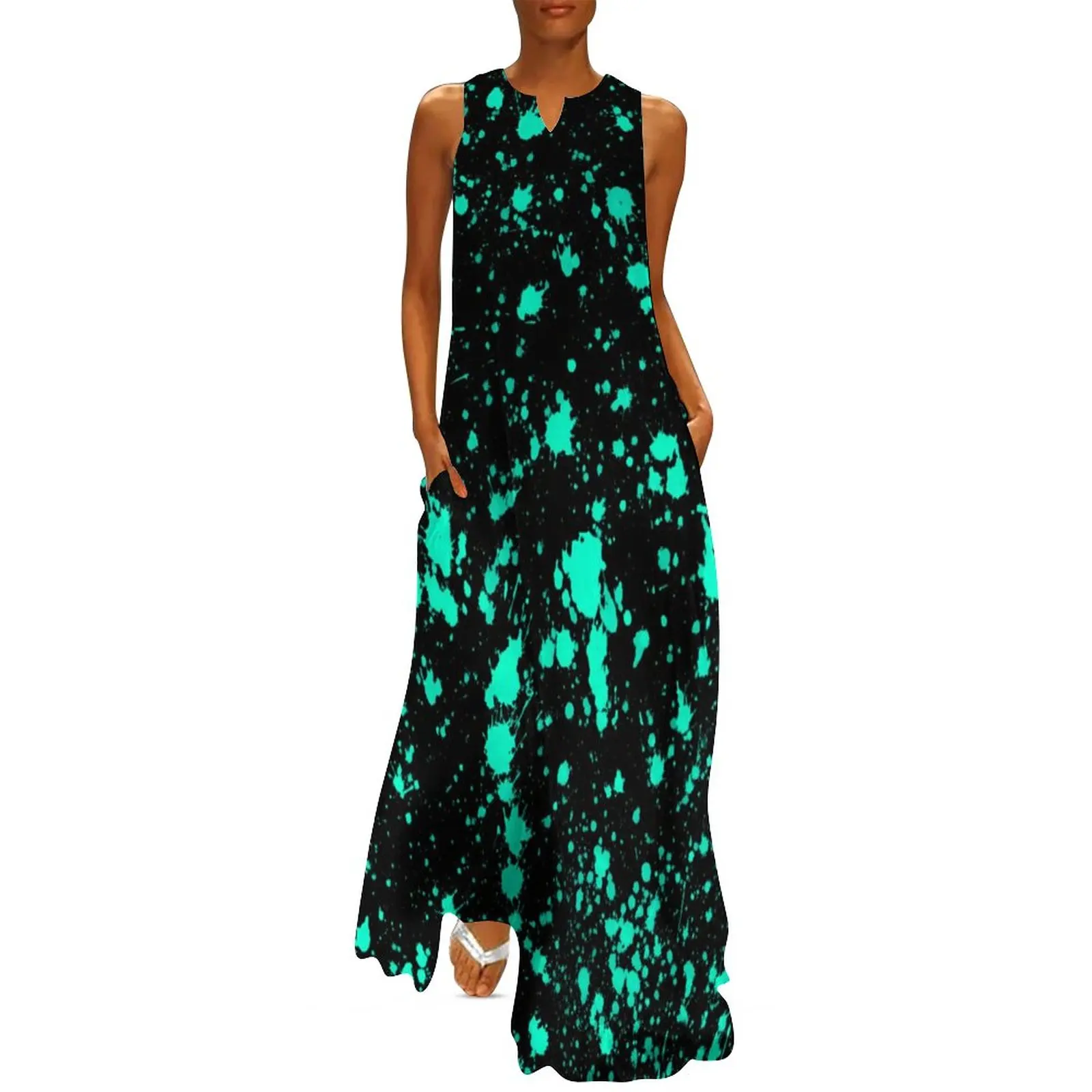 

Mint Paint Splatter Dress Artistic Splash Night Club Maxi Dress Graphic Bohemia Long Dresses Street Fashion Oversized Vestidos