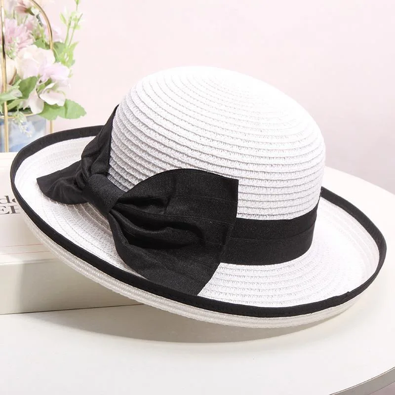 

2022 New Colorblock Straw Hats Women's Sunscreen Beach Outing Hats All-match Shade Travel Big Bow Fascinators For Ladies Elegant