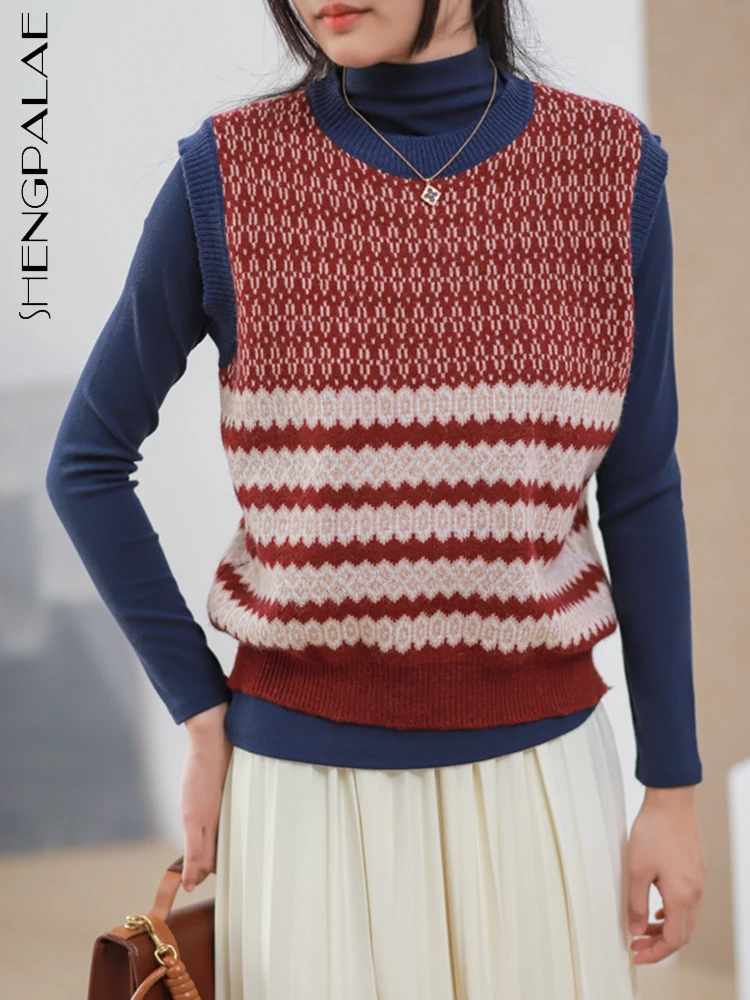 

SHENGPALAE Модный Полосатый женский свитер жилет с круглым вырезом без рукавов повседневный Мягкий Вязаный жилет осень 2023 Новинка 5R4394